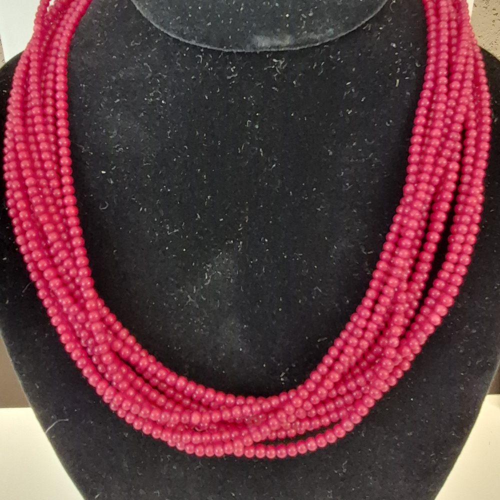 Vintage 10 Strand Coral  Beaded Necklace Adjustable Sterling Silver Clasp